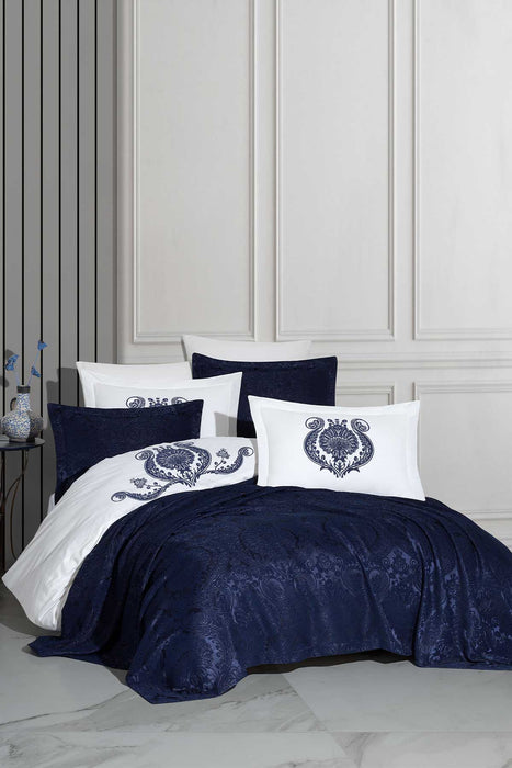 Cotton Duvet Covered Chenille Bedspread Set 9 Pcs Enora Navy Blue