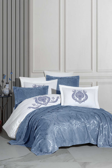 Cotton Duvet Covered Chenille Bedspread Set 9 Pcs Enora Blue